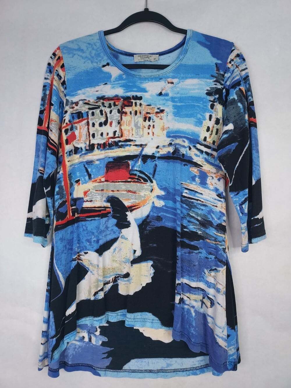 Orientique Naturally Australian Tunic Blouse Womens M Abstract Rivera Water Boat